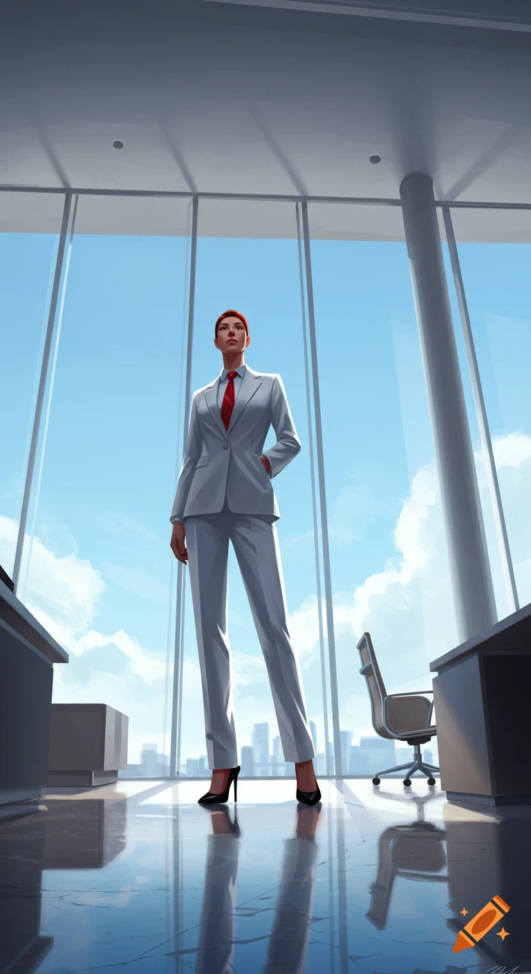 Anime style illustration of a confident woman in a white suit and red tie standing in a modern office with city views.