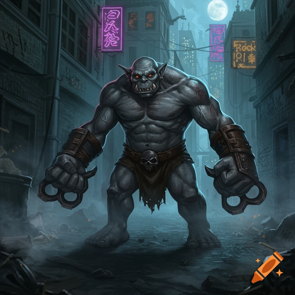A large, grey-skinned gnobbler brute with glowing red eyes stands in a dark urban alley at night, wearing knuckledusters and a skull-decorated loincloth, with neon signs in the background.