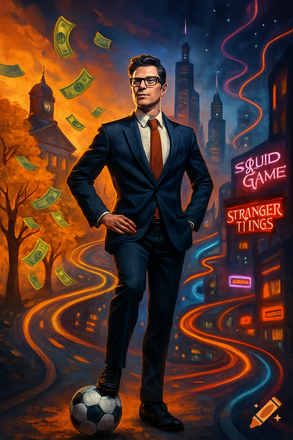 A man in a suit with glasses stands with his foot on a soccer ball, money floats around him. On the right are neon signs for 'Squid Game' and 'Stranger Tiings' in a city street at night, with a college campus on the left.