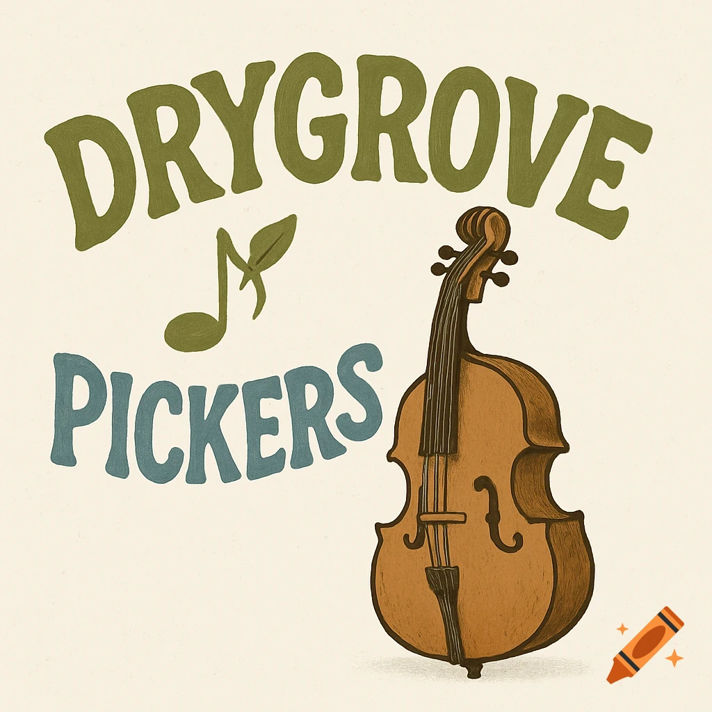 Cartoon illustration of 'Drygrove Pickers' text in green and blue with a musical note and a brown double bass.