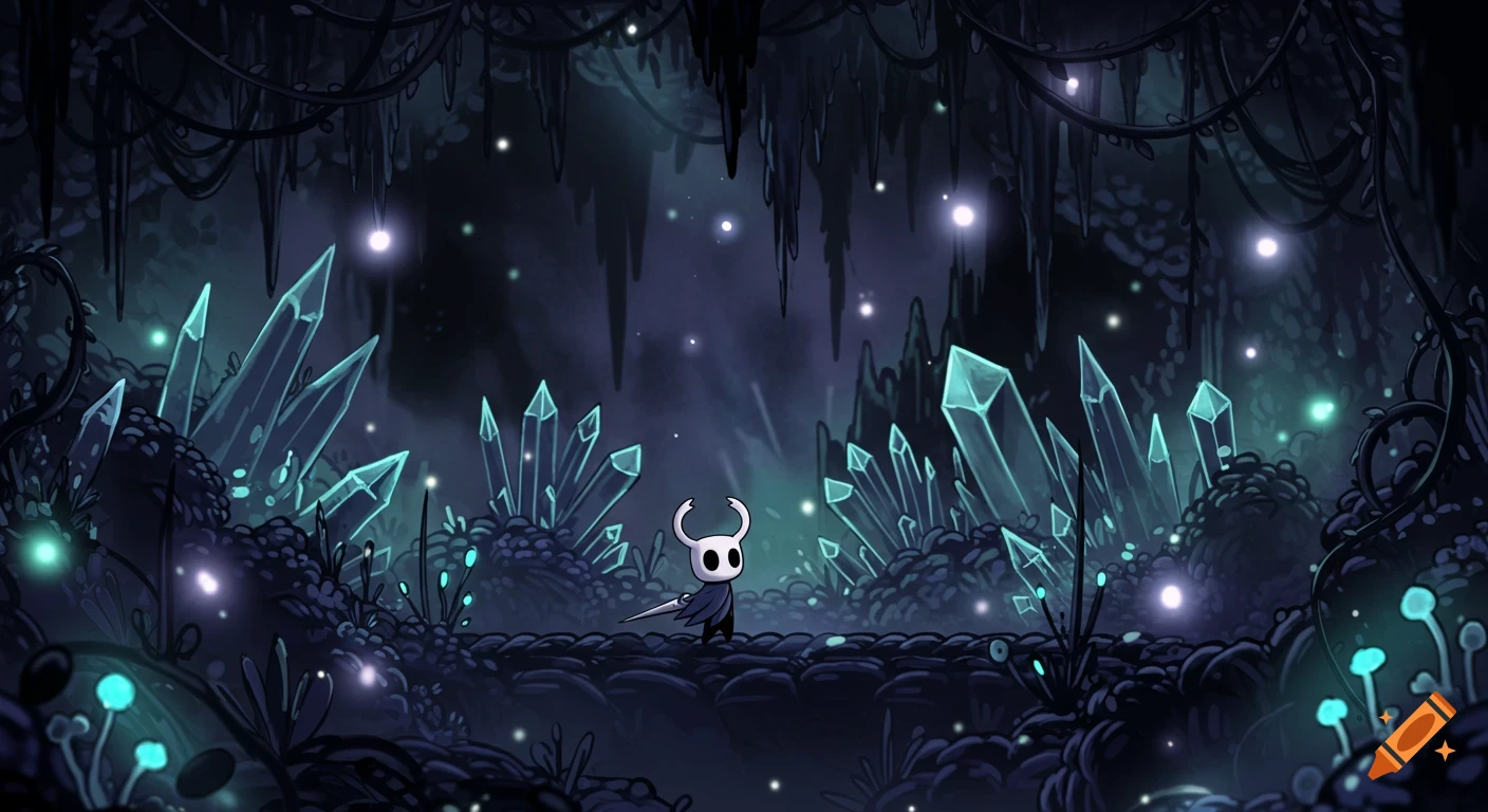 The Knight from Hollow Knight stands in a dark, glowing cave filled with teal crystals and bioluminescent plants.