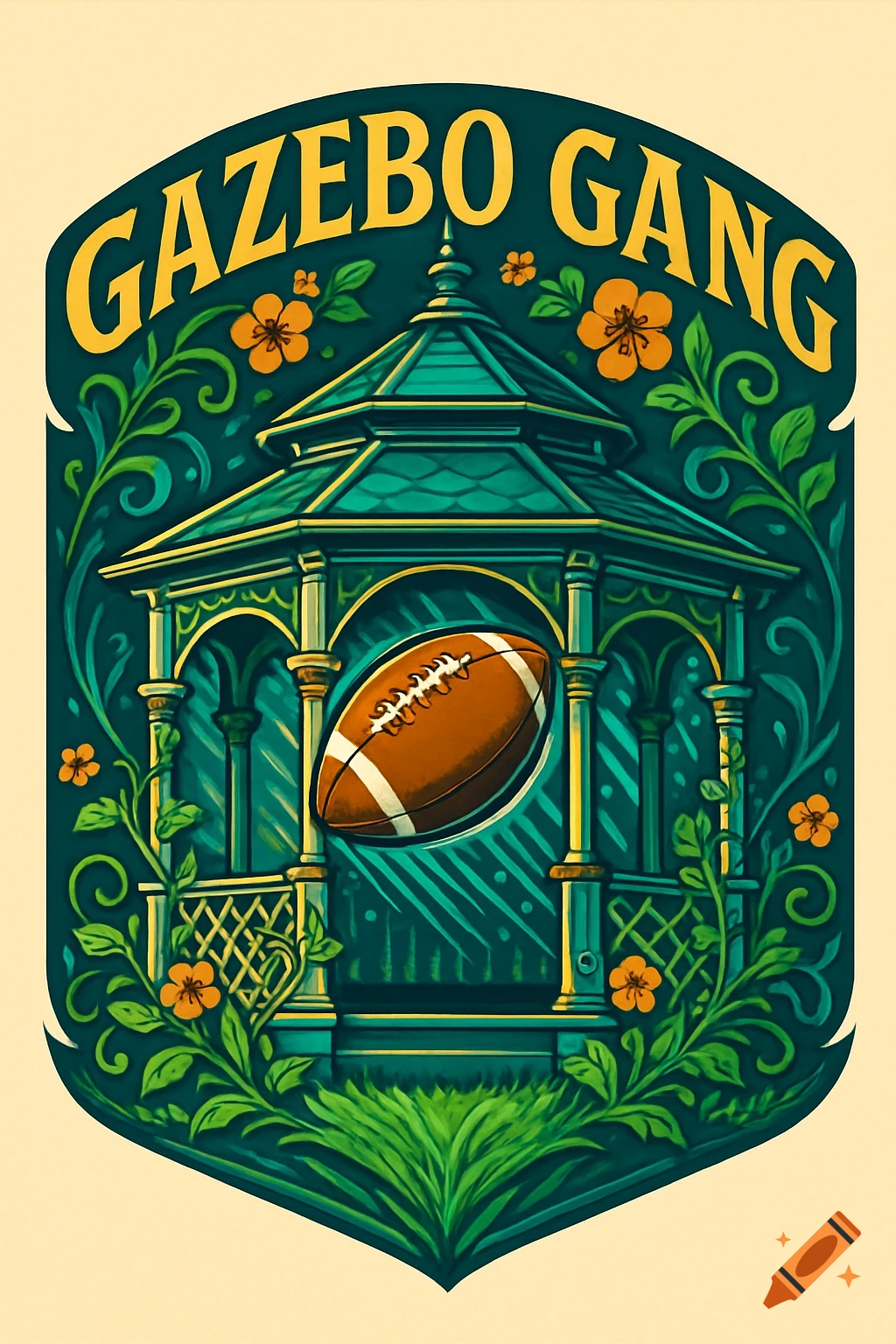 Stylized logo featuring a teal gazebo, an American football, and yellow text 'GAZEBO GANG' surrounded by vines and flowers.