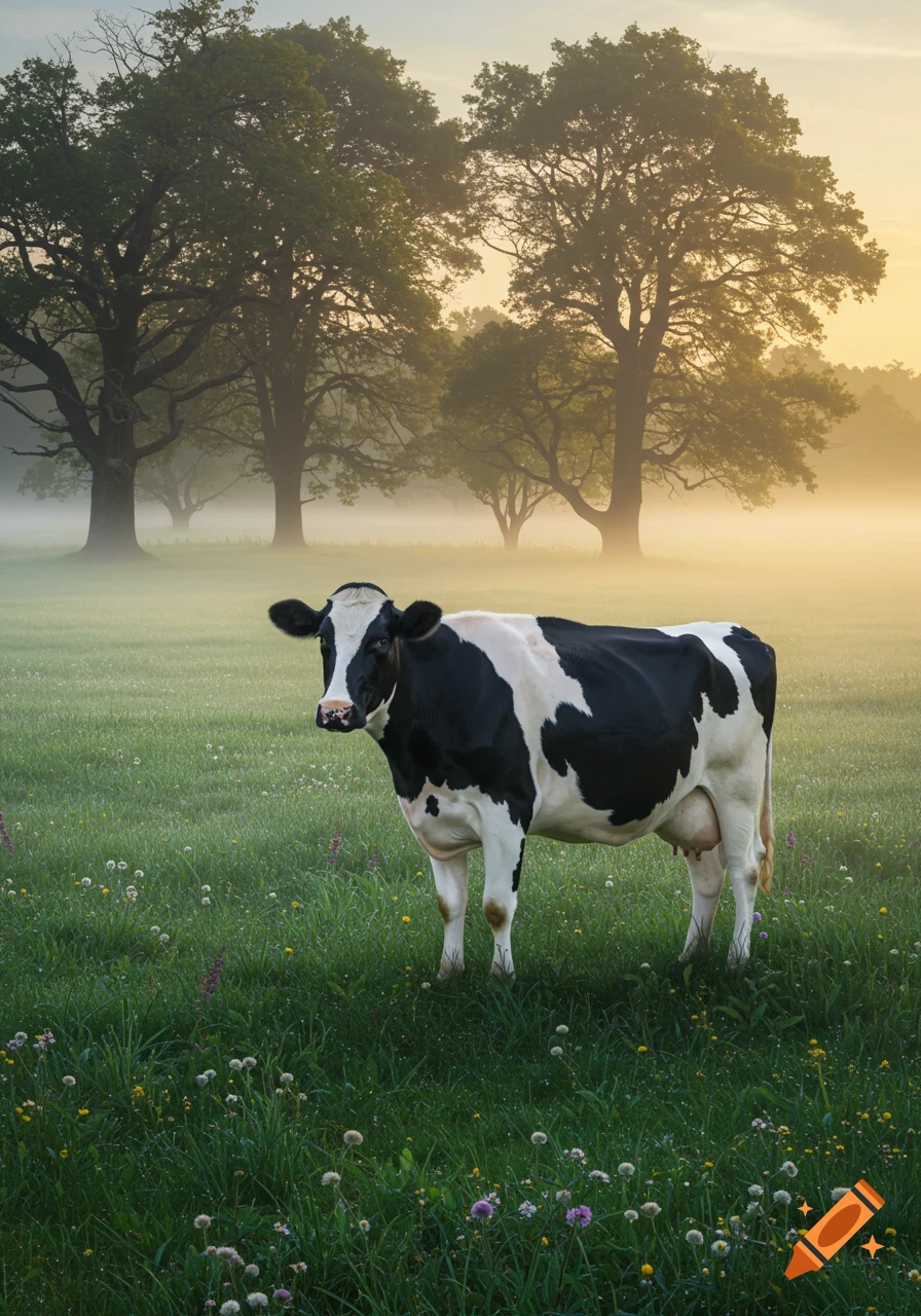 A black and white cow stands in a misty, sunlit green field with wildflowers and large trees.