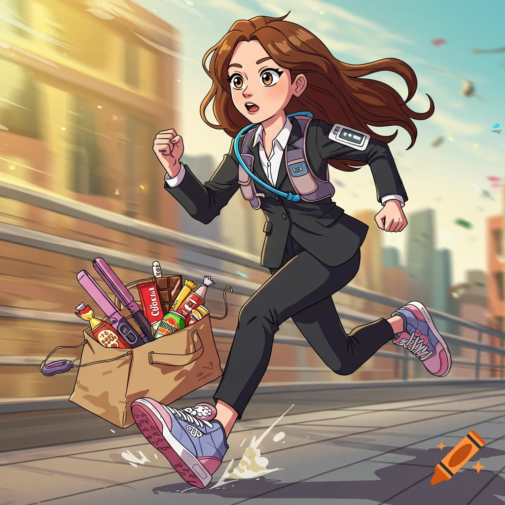 A cartoon woman with brown hair and a black suit runs through a city, wearing a hydration vest and sneakers, carrying a bag full of a curling iron, chocolate, and candy.