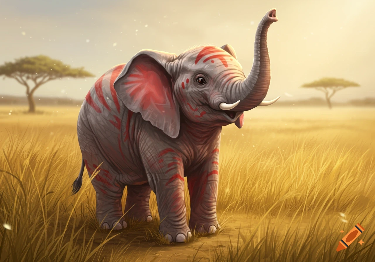 A cute baby elephant with crimson markings on its grey skin, standing in a golden savanna with its trunk raised.