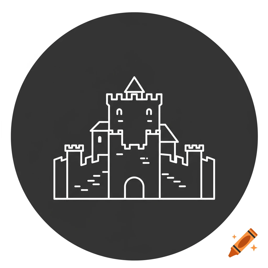 Minimalist white line art icon of a medieval castle on a dark gray circular background.
