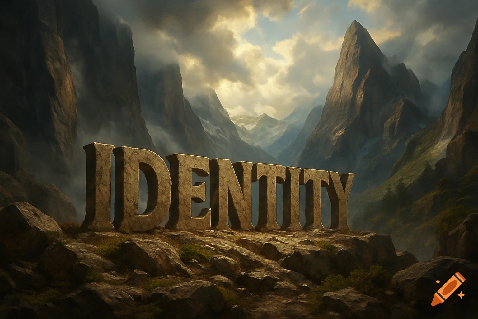Large stone letters spelling 'IDENTITY' on a rocky outcrop in a dramatic, cloudy mountain landscape, fantasy art style.