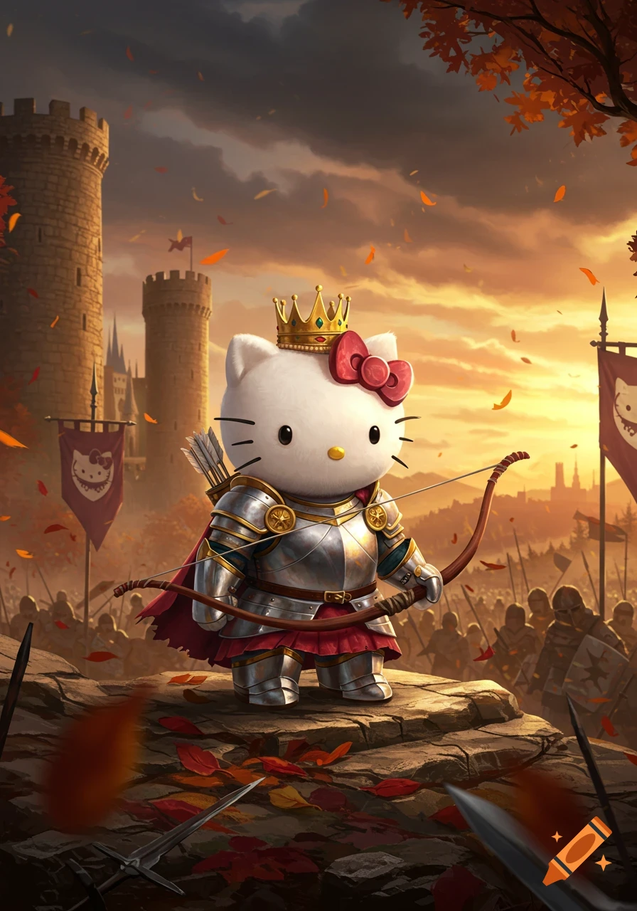 Hello Kitty in shining knight armor with a bow and quiver, standing on rocks overlooking a medieval battle at sunset with a castle in the background.