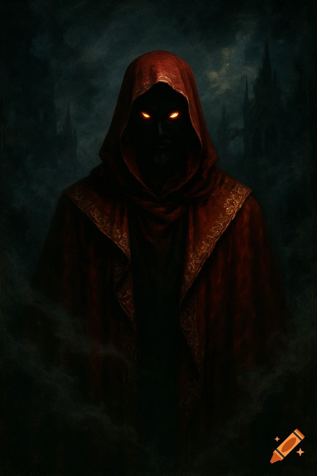 A dark, hooded figure in a red cloak with glowing orange eyes against a misty, dark background with faint castle spires.