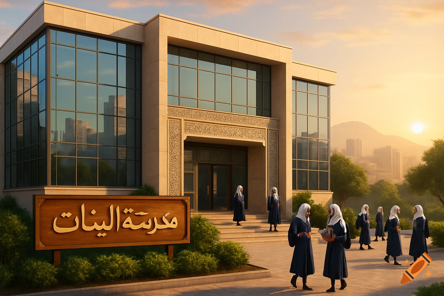 A modern school building with a large sign reading "Girls' School" in Arabic, and women in traditional blue abayas and white hijabs walking outside at sunset.