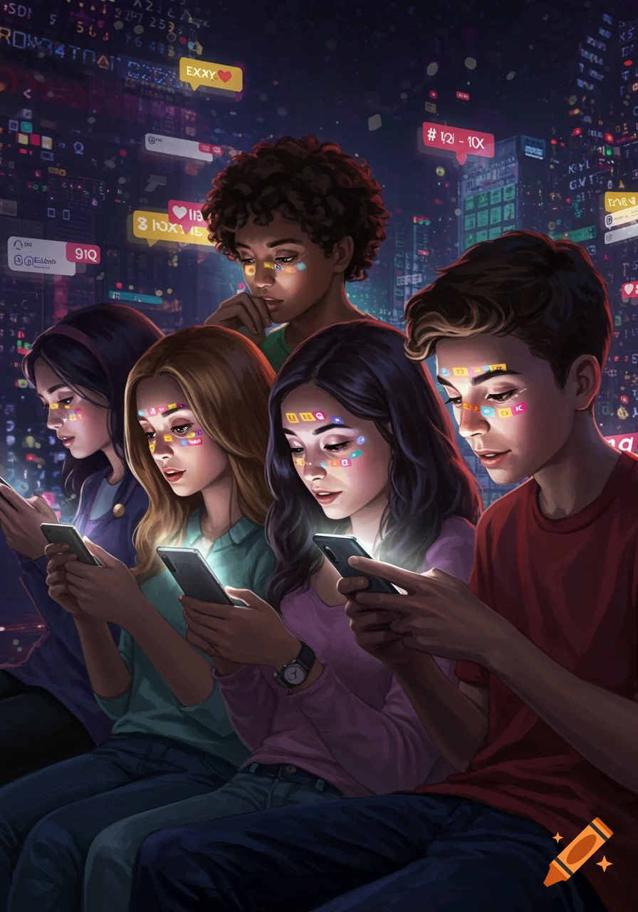 Five teenagers, illuminated by their phones, are engrossed in social media, with stylized notifications and code floating around them in a dark, city-like background.