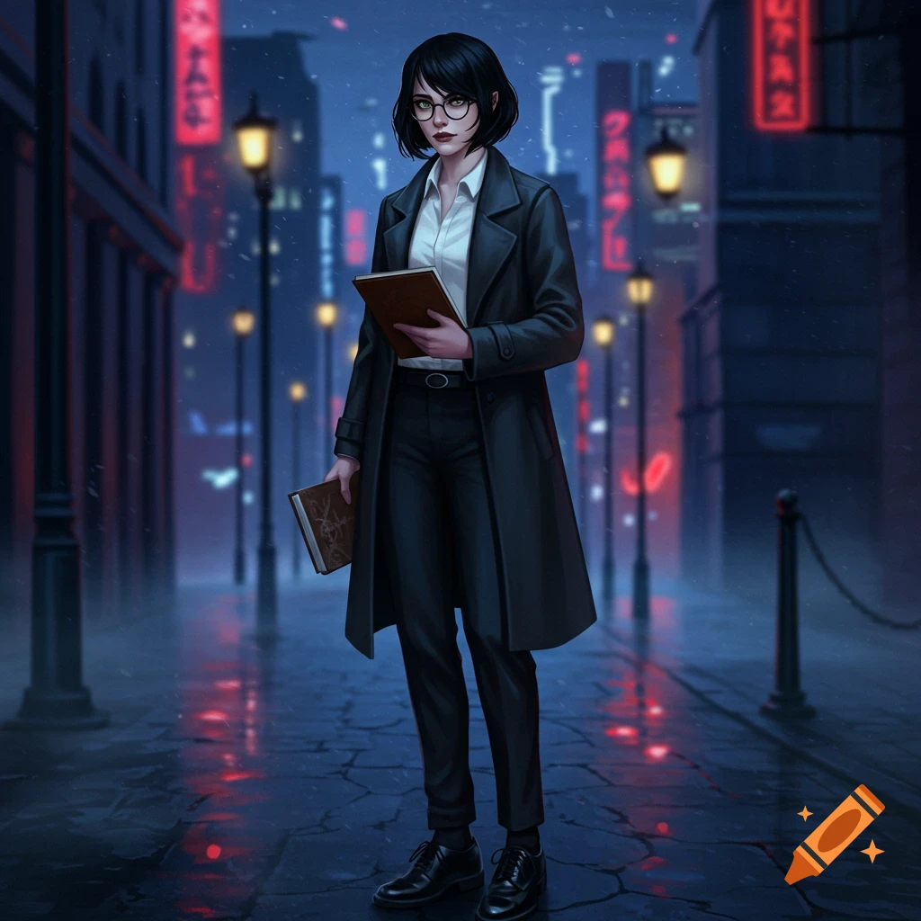 A woman with short black hair and glasses, wearing a white shirt and a black trench coat, stands on a wet city street at night, holding two books. Neon signs glow in the background in an illustrative style.
