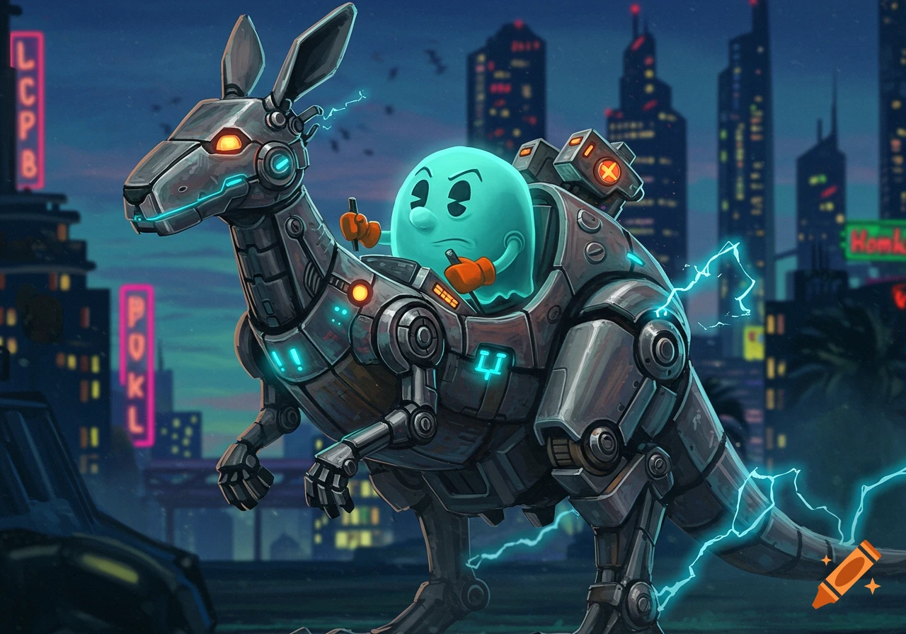 A teal Pac-Man ghost pilots a large, metallic robot kangaroo through a futuristic city at night, with blue lightning arcs.