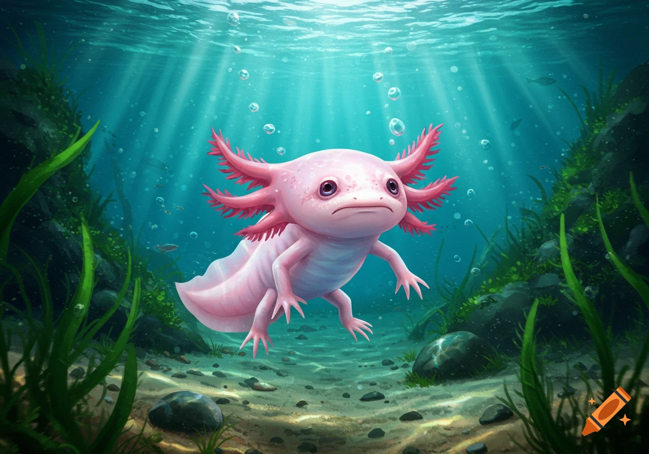 A cute, pink axolotl with feathery gills frowns underwater amidst green plants, bubbles, and sunlight.
