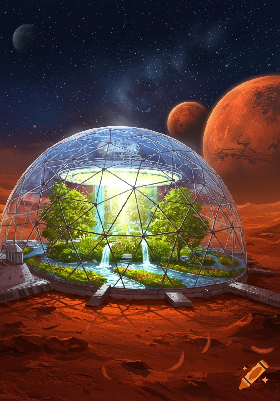 A vibrant botanical garden in a geodesic dome on a red Martian planet, with a starry night sky and other planets in the background.
