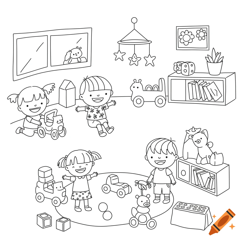 Black and white line art illustration of happy children playing with various toys in a daycare setting.