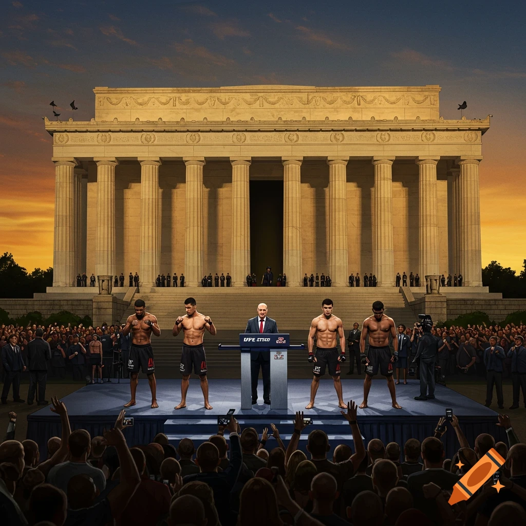 Four shirtless UFC fighters and a speaker at a podium in front of the Lincoln Memorial at sunset, with a large crowd.