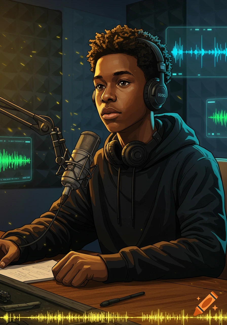 An African American boy in a black hoodie and headphones podcasts at a desk with a microphone and glowing sound wave displays, in a vibrant illustration.
