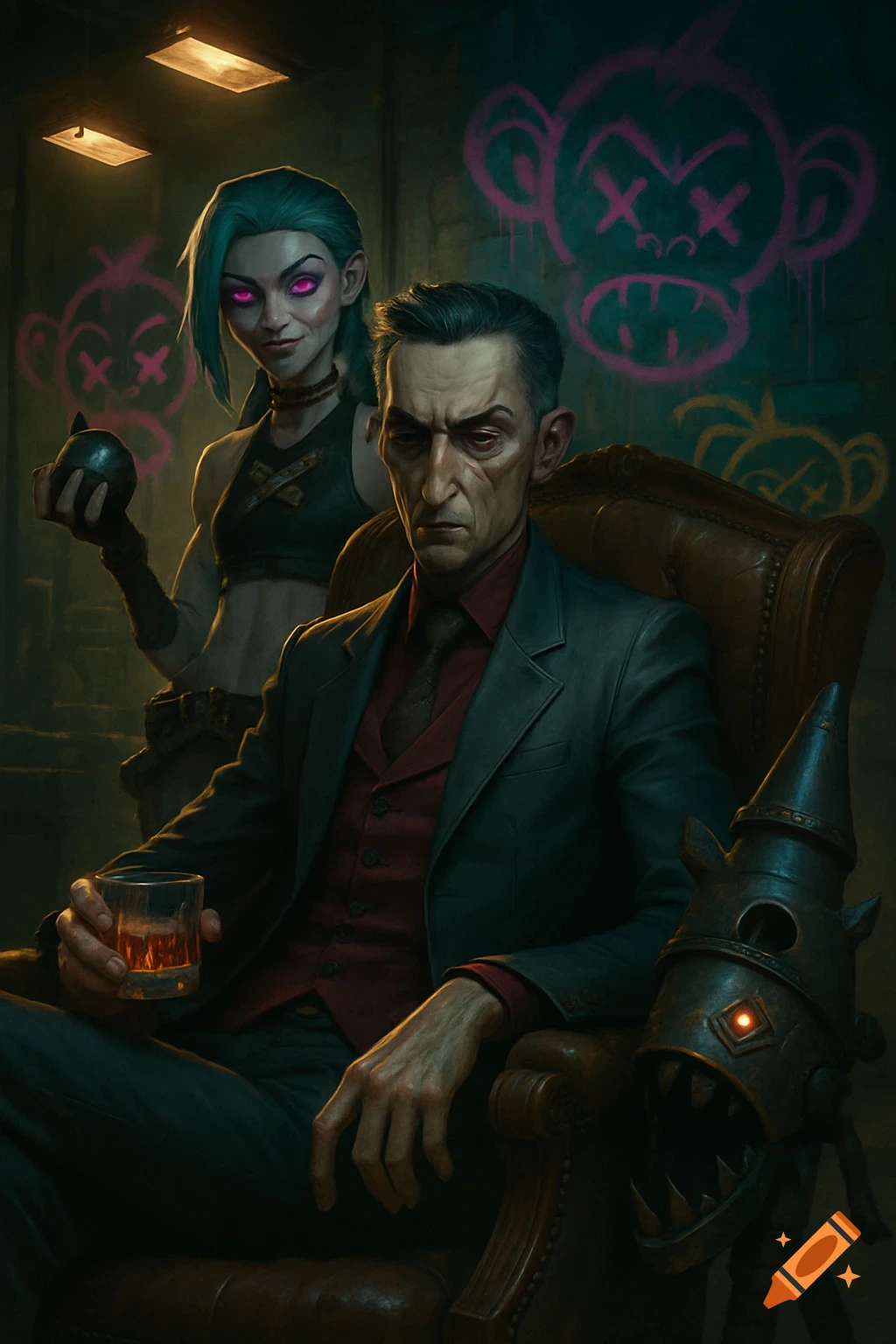 Silco sits in a chair, holding a glass of whiskey, with Jinx standing behind him holding a grenade, amidst pink monkey graffiti.