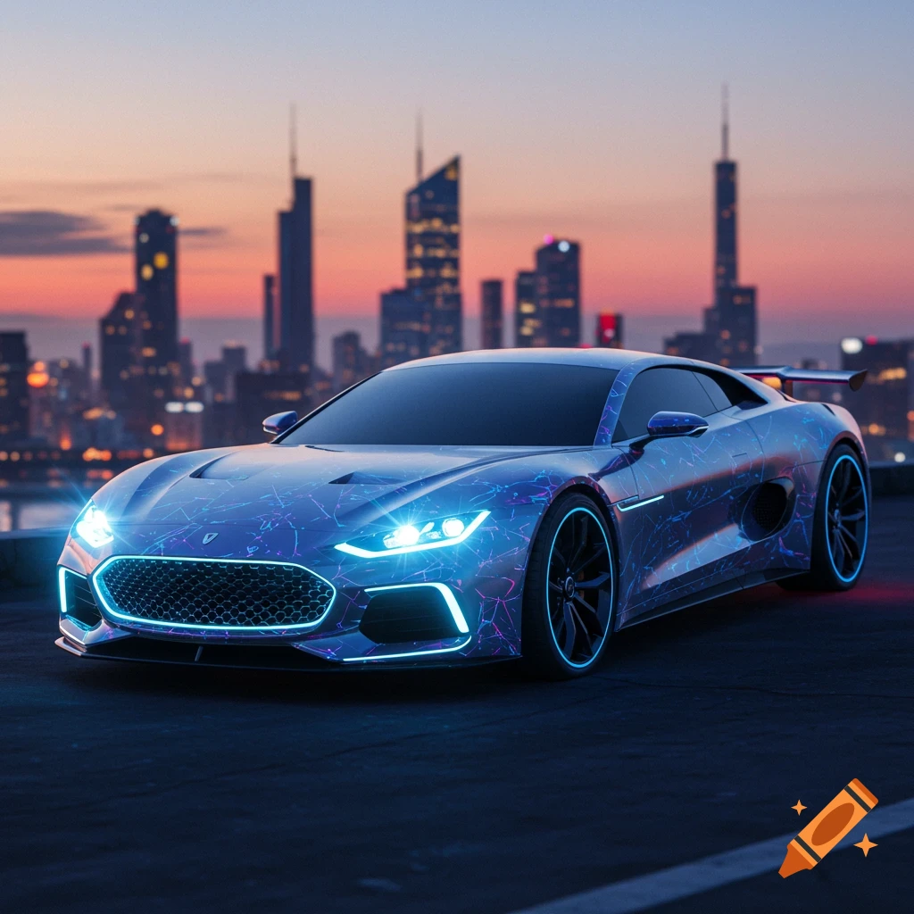 A sleek, futuristic blue sports car with neon accents parked on a rooftop overlooking a city skyline at sunset.