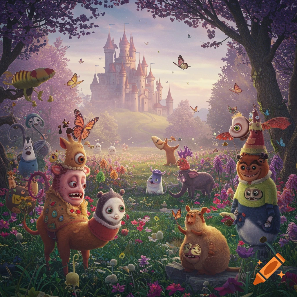 A whimsical fantasy scene with colorful, cartoonish creatures in a purple-flowered meadow, a fairytale castle in the background.