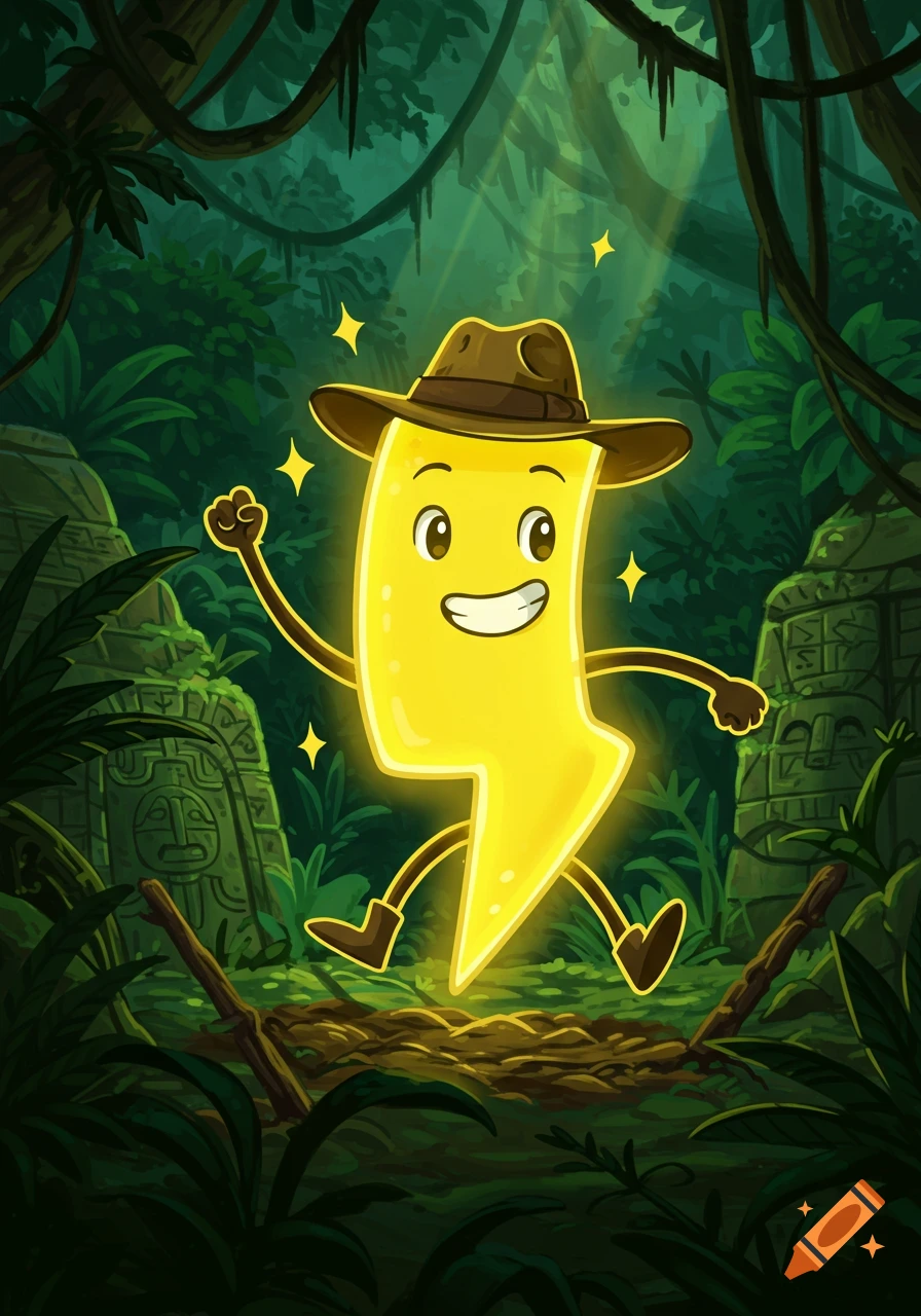 Friendly cartoon lightning bolt explorer wearing an Indiana Jones hat in a lush jungle with ancient ruins.