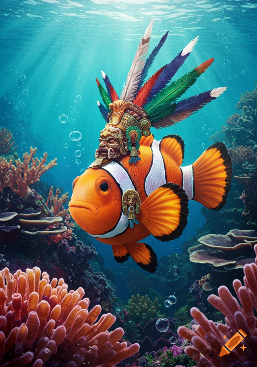 Vibrant illustration of a clownfish wearing an ornate Aztec feathered headdress and pendant, swimming amidst coral in sunlit blue water.