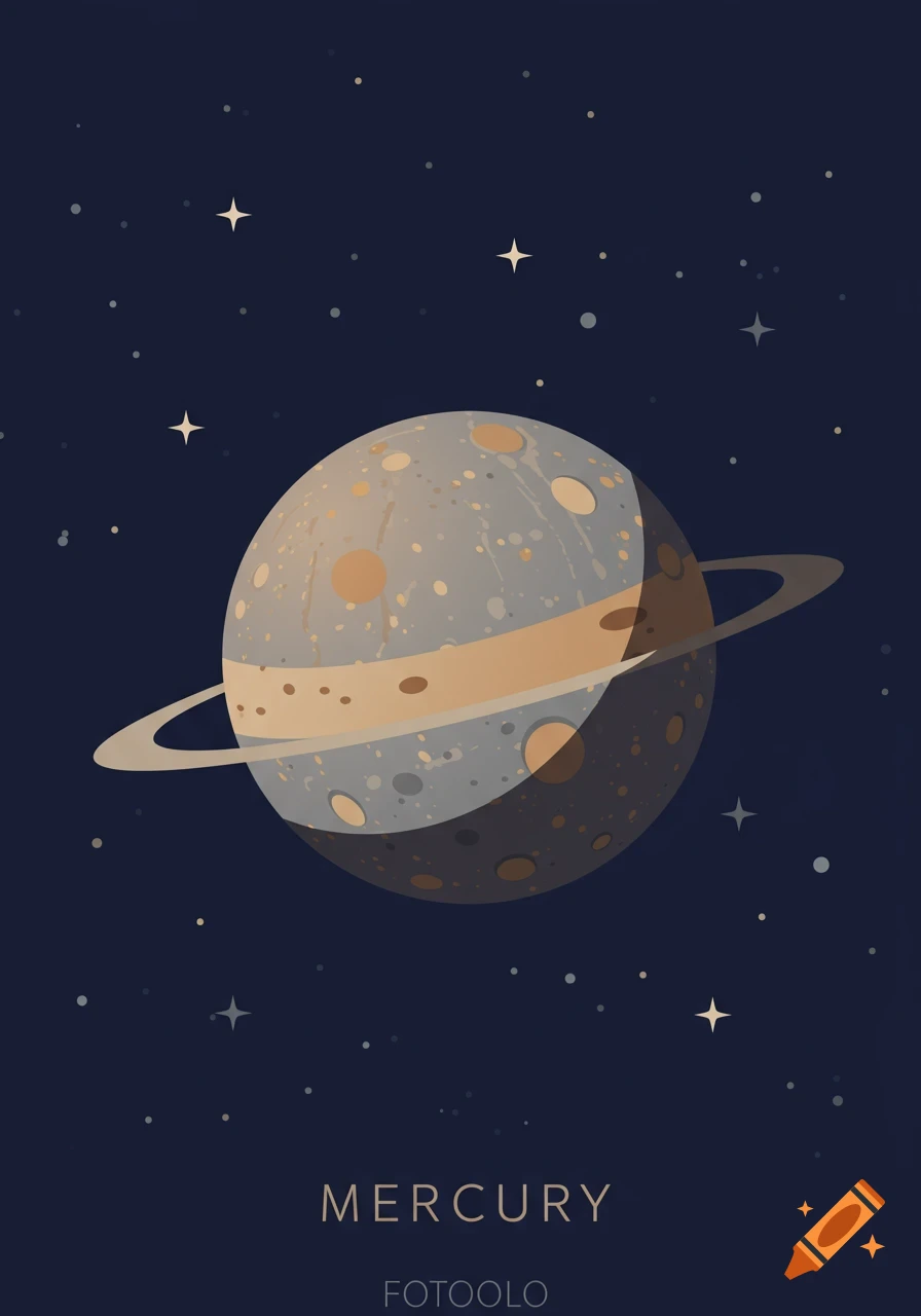 A stylized illustration of the planet Mercury with subtle rings, set against a dark blue starry space background with the text 'MERCURY' below.