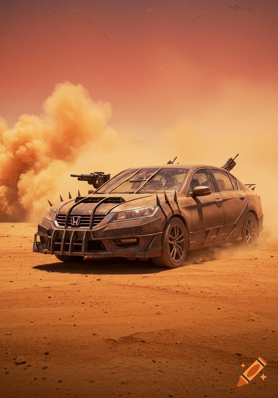 Post-apocalyptic Honda Accord with machine guns and spikes kicks up dust in a red desert.