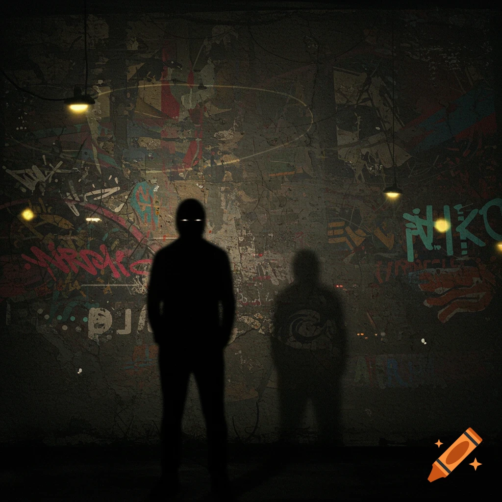 A dark silhouette of a person with glowing eyes stands in front of a heavily graffitied wall, lit by hanging lamps. Another fainter shadow is cast beside them, giving a mysterious and ominous feel.