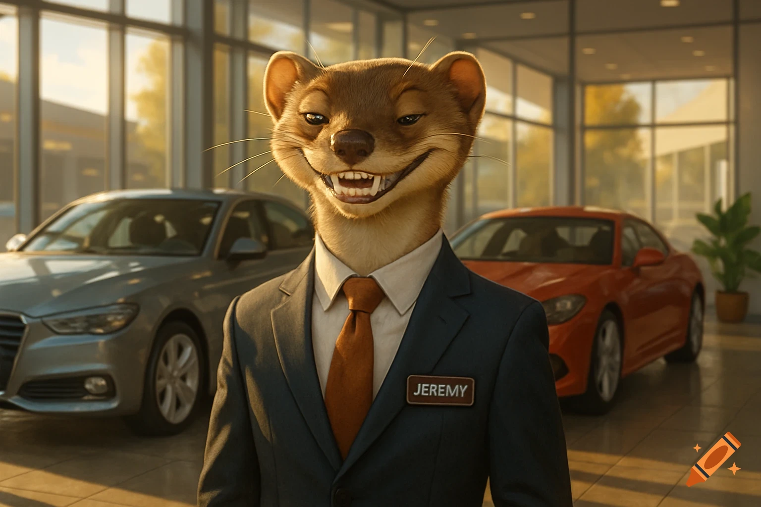 A photorealistic anthropomorphic weasel car salesman named Jeremy, wearing a suit and tie, grins in a brightly lit dealership.