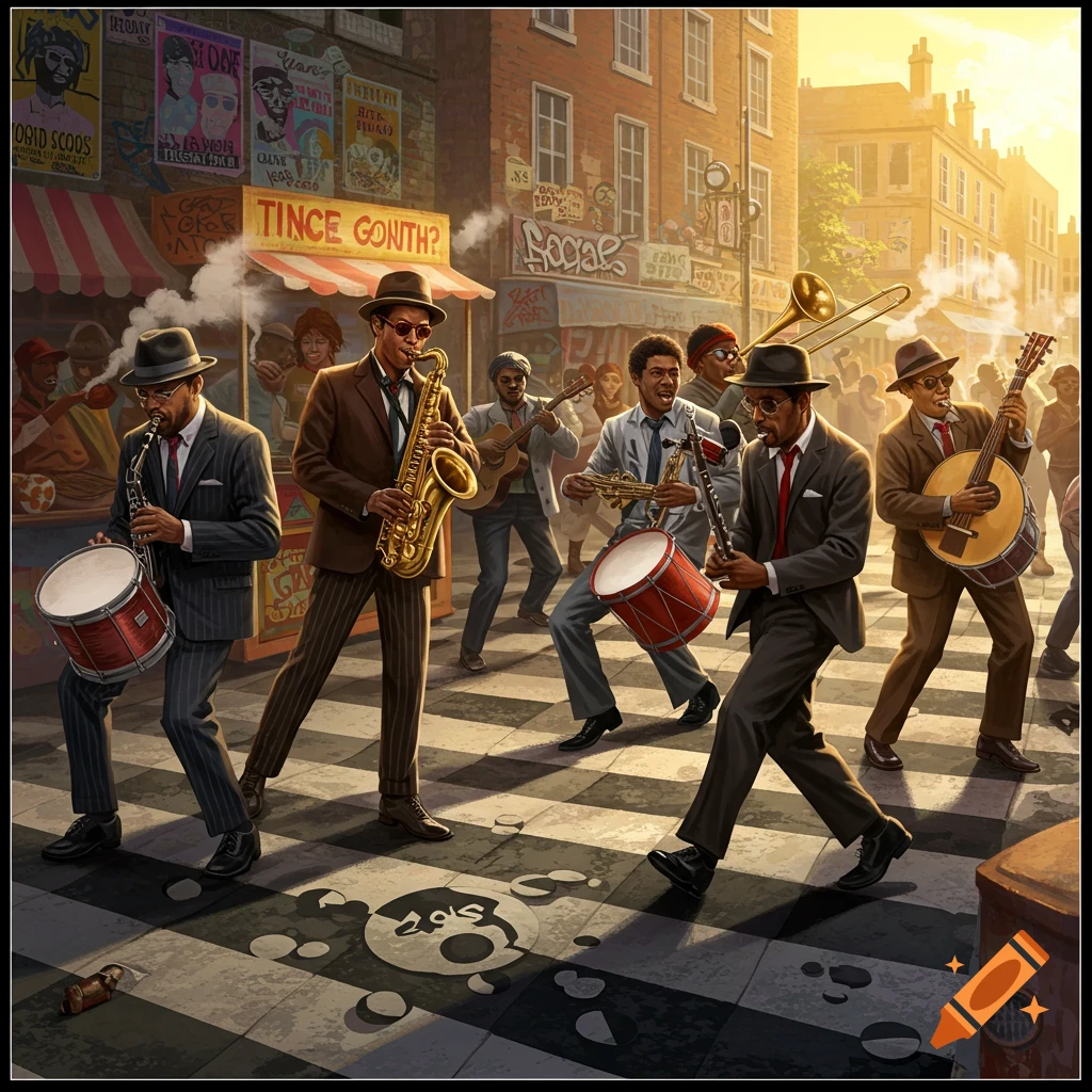 A lively jazz/ska band performs with saxophones, drums, and guitars on a bustling city street, bathed in warm sunset light.