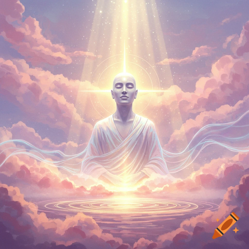 Serene bald figure meditating in white robes amidst glowing pink and purple clouds with golden light rays and rippling water.