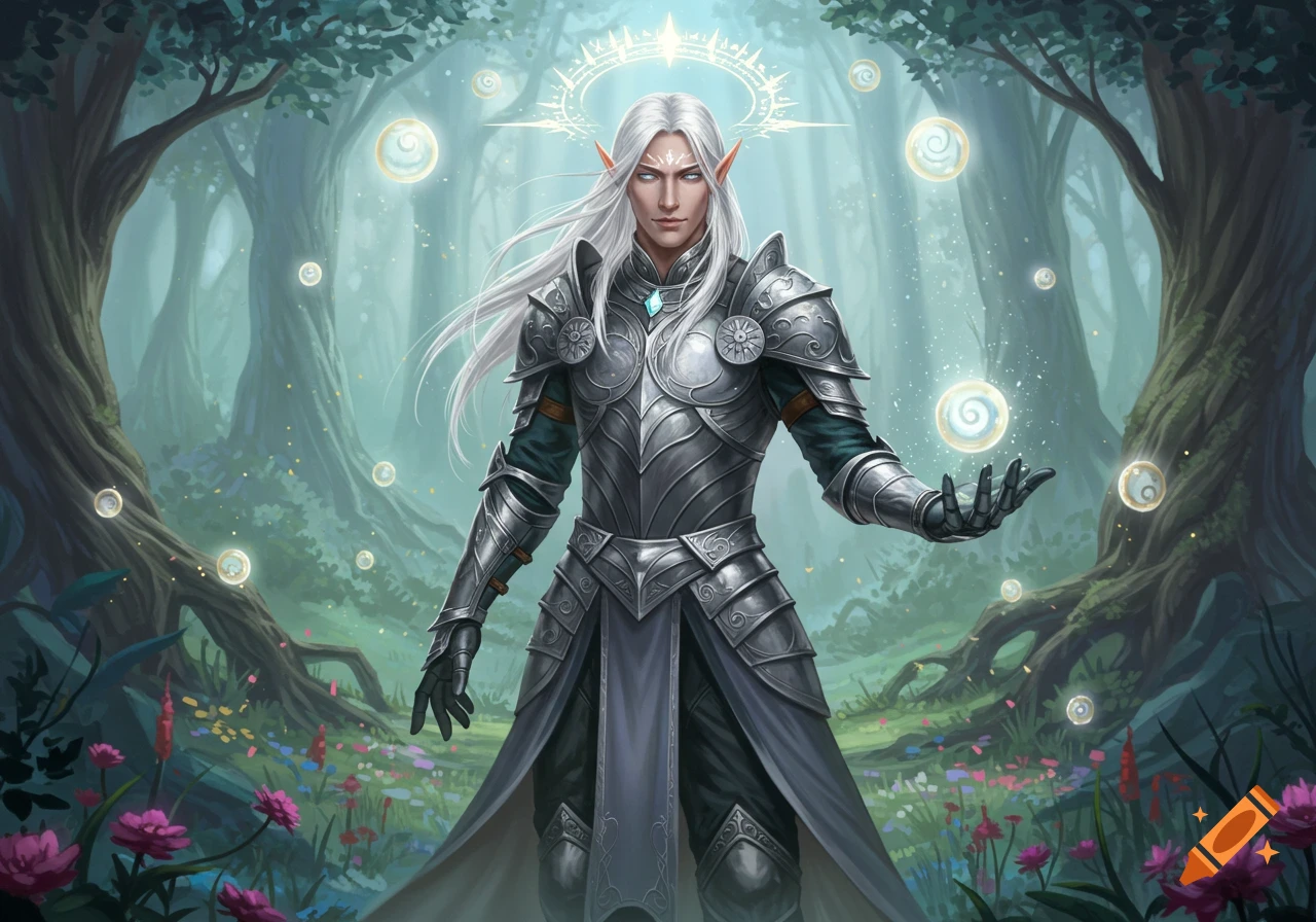 A white-haired male elf in silver armor with a glowing halo and orbs in an enchanted forest.