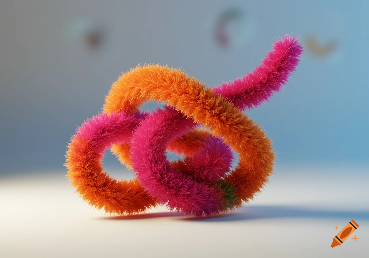 Bright orange and pink fuzzy pipe cleaners intertwined, rendered with soft lighting against a blurred blue background.