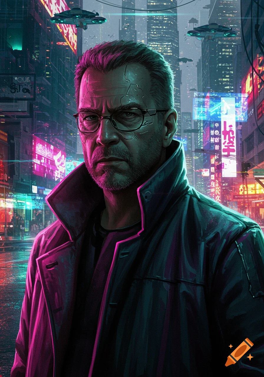 A grizzled man with glasses and subtle cybernetic facial implants stands in a neon-lit, futuristic cyberpunk city at night.