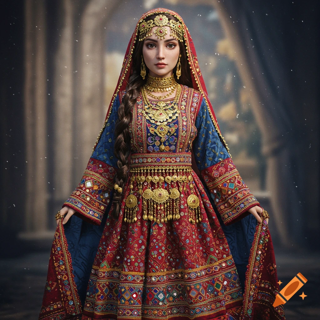 A woman in a vibrant, heavily embroidered Afghan dress with gold jewelry and a red headscarf, looking directly forward.