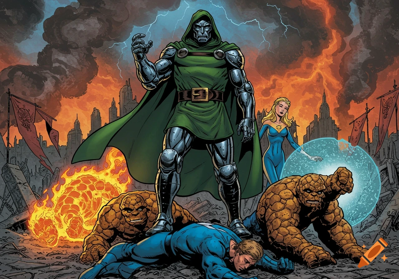 Comic art of Dr. Doom standing triumphant over a defeated Mr. Fantastic, Thing, Invisible Woman, and Human Torch in a ruined city.