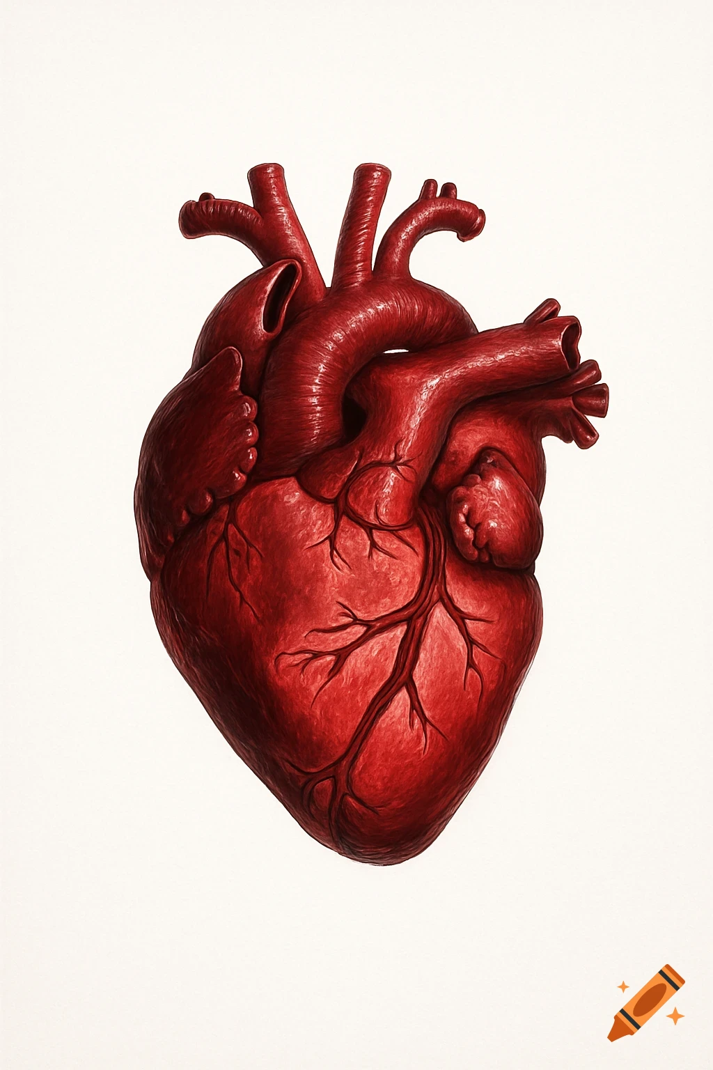 Detailed anatomical illustration of a human heart in shades of red against a white background.