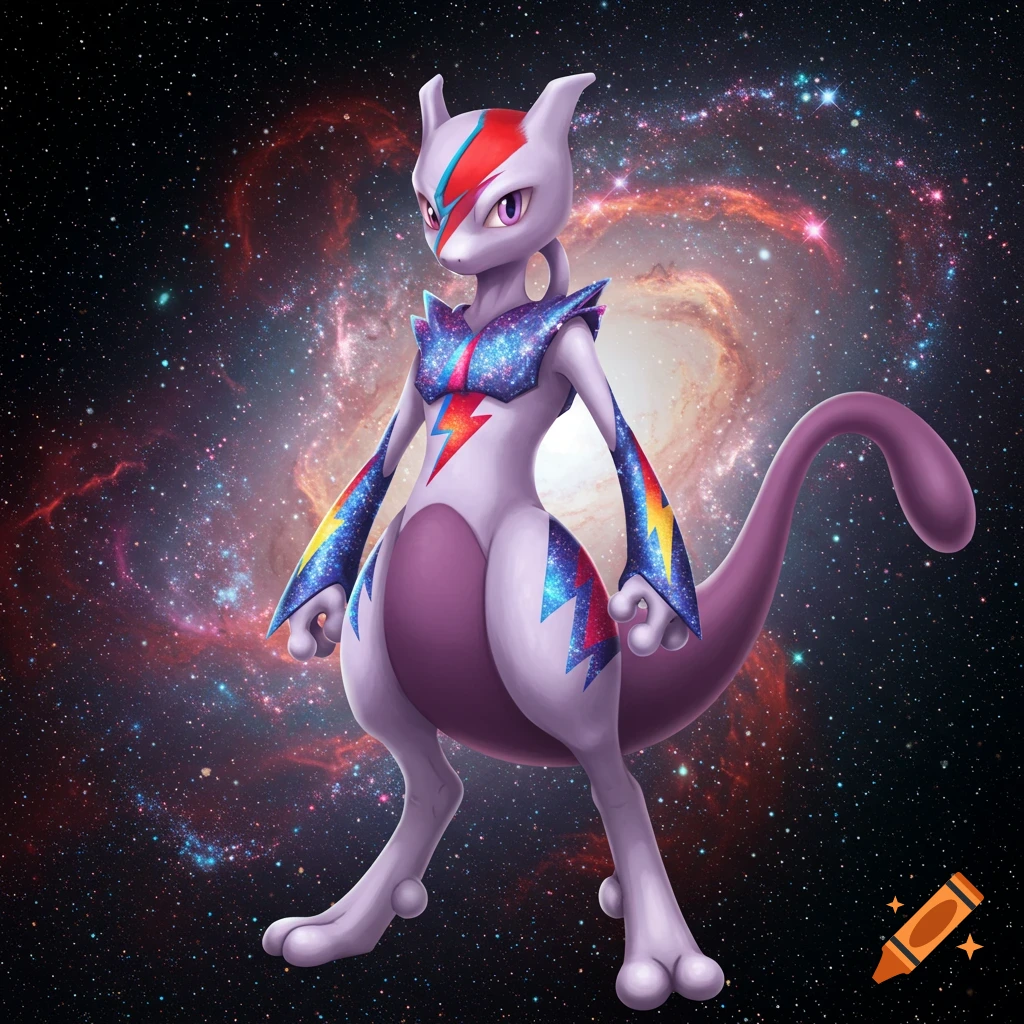 Purple Mewtwo character with a red and blue lightning bolt on its face and chest armor, against a starry galaxy background.