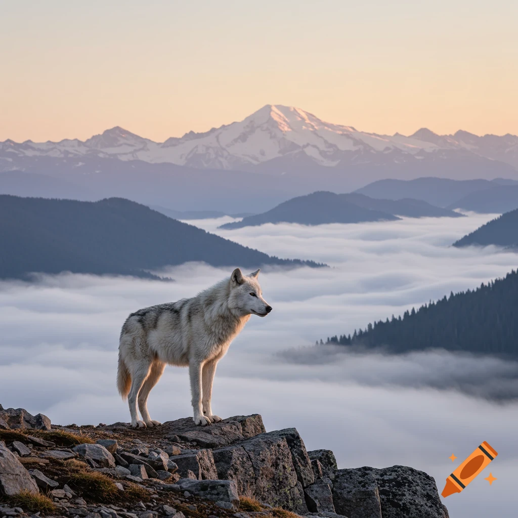 A photorealistic white wolf stands on a rocky mountain peak overlooking a cloud-filled valley with snowy mountains at sunset.