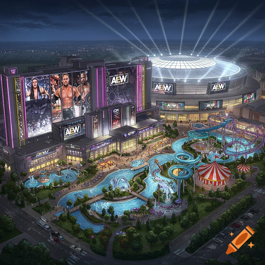 An elaborate AEW wrestling themed hotel and casino resort at night, featuring a large arena, a winding water park, and a theme park.
