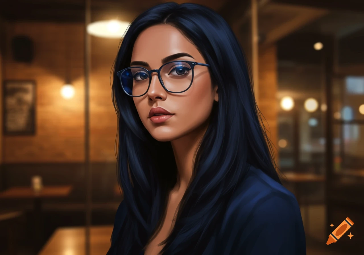 Digital art portrait of a woman with dark hair, tan skin, and blue-rimmed glasses, looking forward in a blurred cafe.