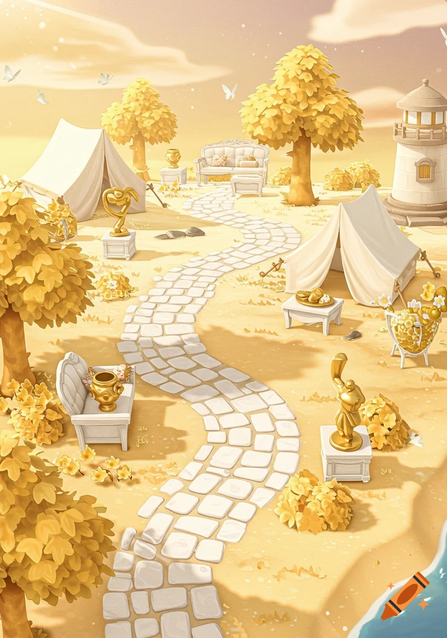 A stylized Animal Crossing island scene with a winding path, white tents, golden trees, and white furniture, rendered in white, gold, and beige.