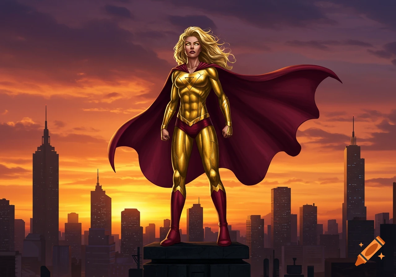 Proud blonde superheroine in gold suit and red cape stands on a city rooftop against a sunset sky.