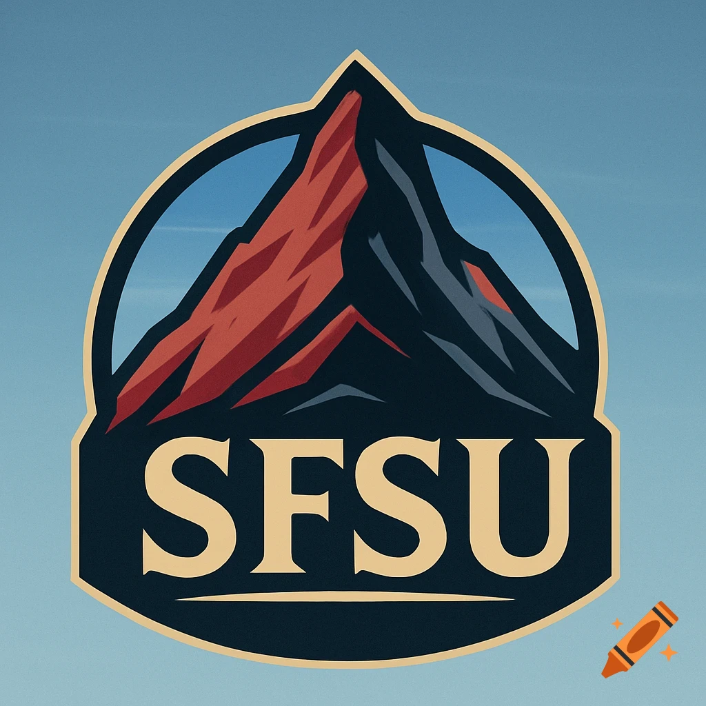 A stylized university logo featuring a red and dark blue mountain peak inside a circular border, with the letters SFSU below.