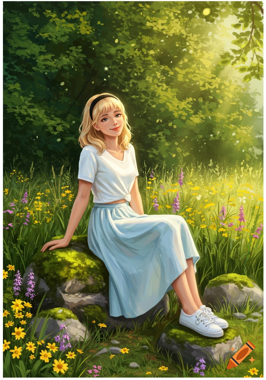 Illustrated young blonde woman in a white top and blue skirt sitting on a mossy rock in a sunlit forest filled with wildflowers.