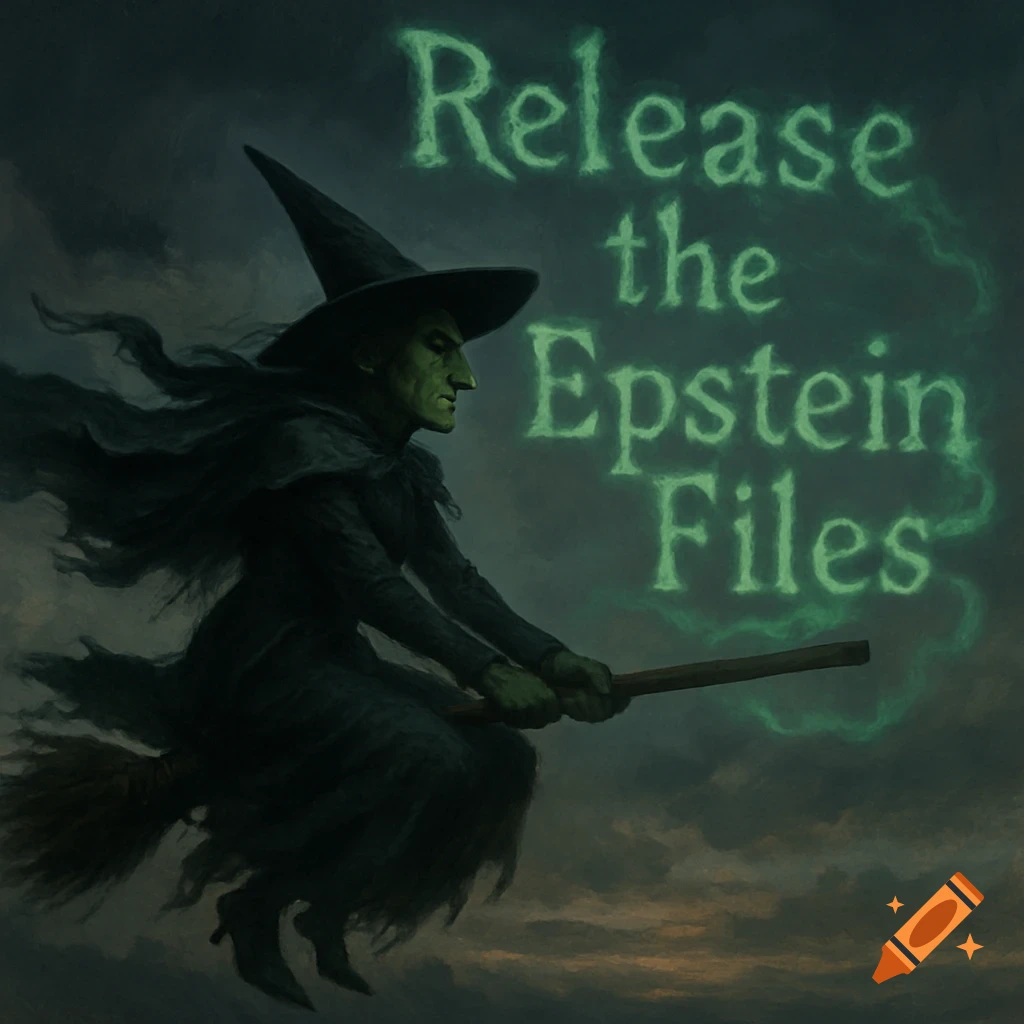 A green-skinned witch on a broomstick in a dark sky with green smoky text 'Release the Epstein Files'.