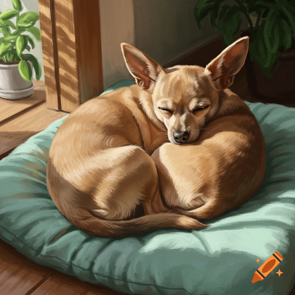 A tan Chihuahua terrier dog sleeps curled on a teal pillow in a sunlit room, digital painting.