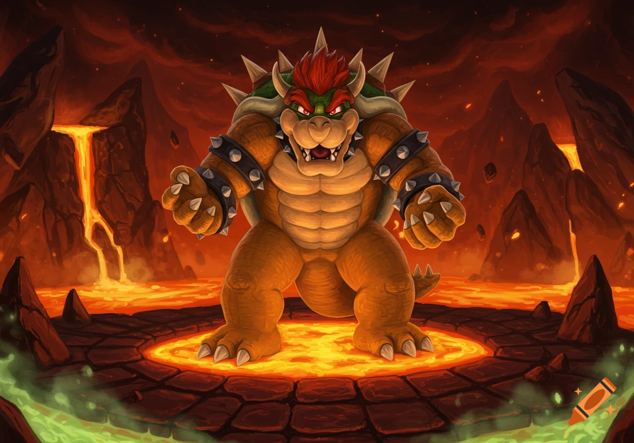 Bowser stands menacingly in a fiery, lava-filled volcanic landscape with glowing magma and dark rock formations.
